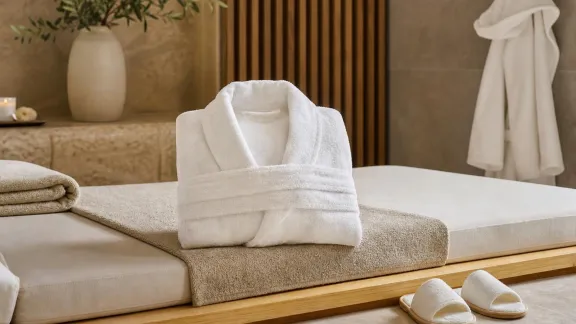 Accappatoi bianchi per SPA, con modello a scialle e modello con cappuccio, in una raffinata area relax wellness.