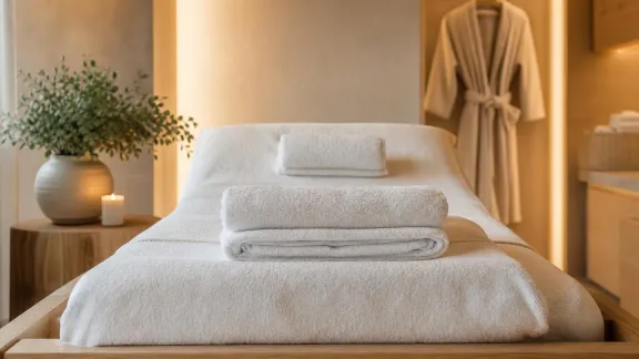 Teli e asciugamani bianchi piegati su un lettino in una SPA moderna e luminosa