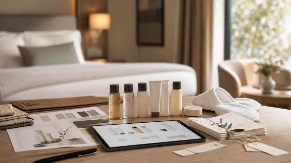 Campioni di linea cortesia e materiali grafici per un progetto di forniture alberghiere personalizzate.