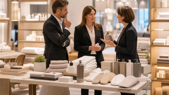 Professionisti dell’hospitality osservano forniture personalizzate per hotel e spa durante una fiera a Bolzano.