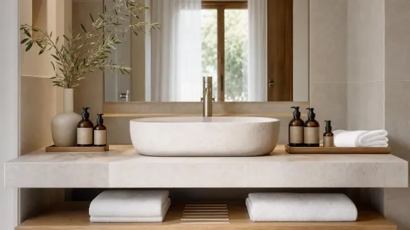 Linea cortesia personalizzata coordinata su lavabo di un boutique hotel