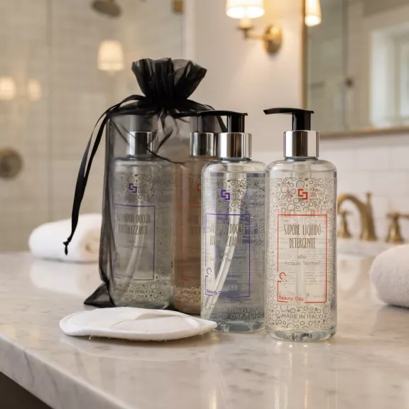 Beauty-Day Italy gift set with shampoo, shower gel, and soap dispenser and scrub sponge